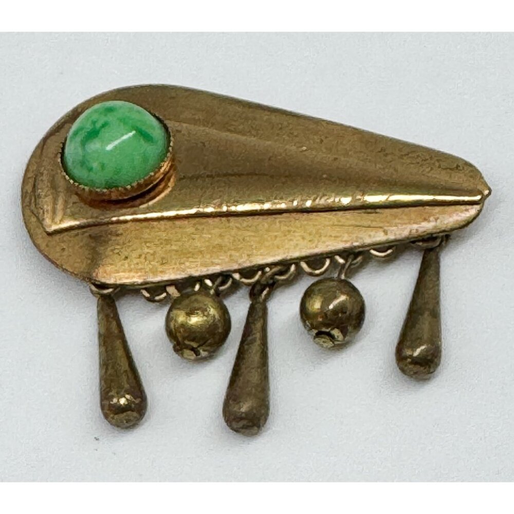 Vintage Arts and Crafts Green Lucite Round Stone Dangle Charm Brutalist Brooch